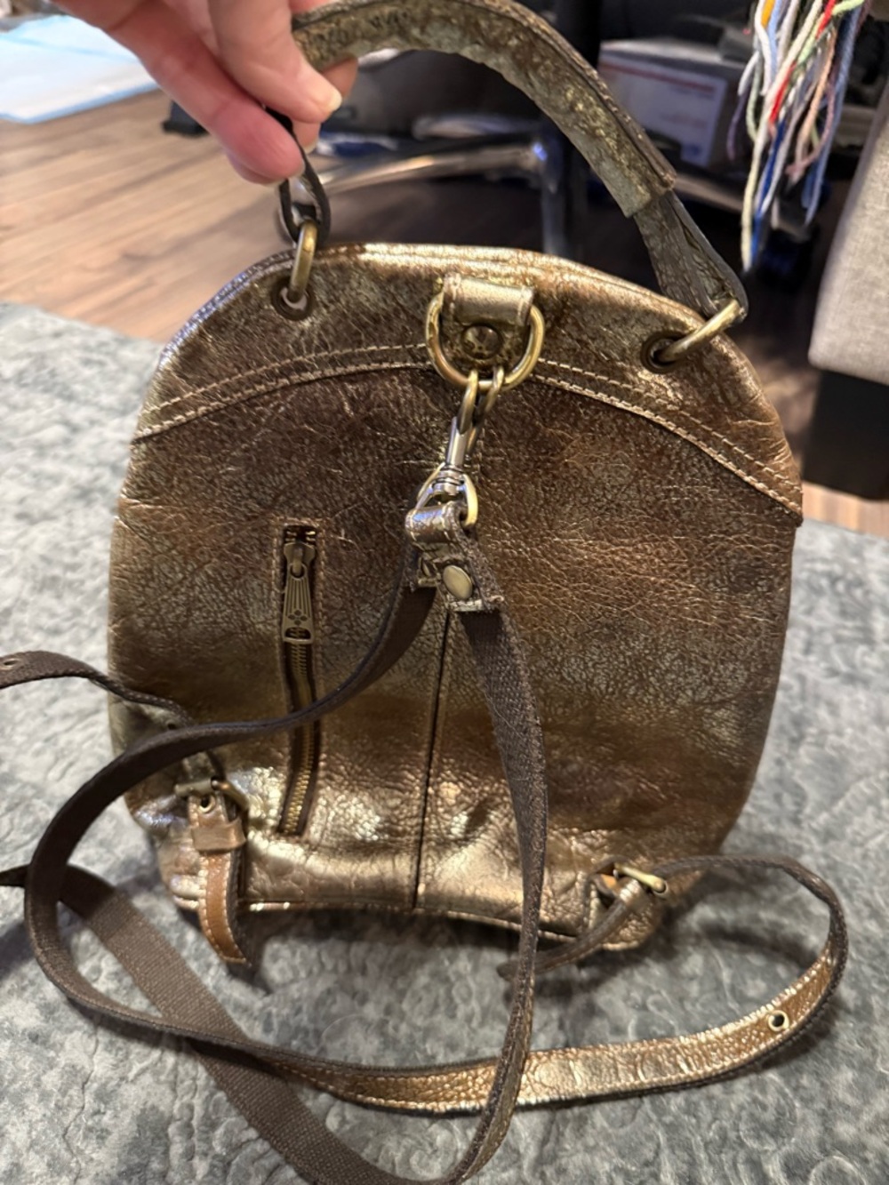 Patricia Nash Alencon backpack in a gold metallic finish. - Picture 3 of 9